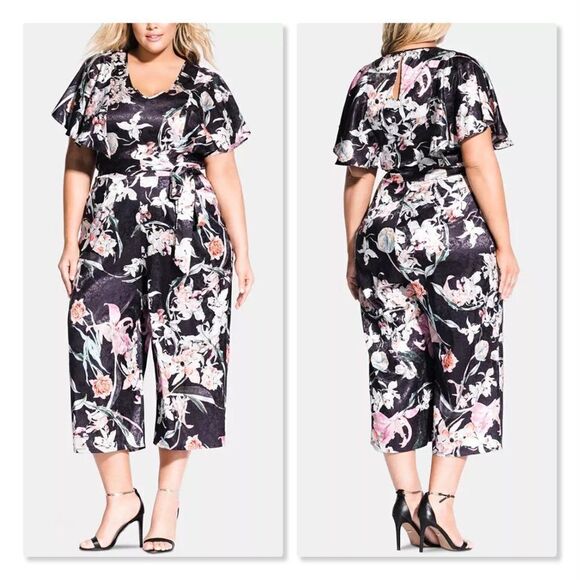 🔆 CITY CHIC 🔆 Floral Satin Cropped Jumpsuit - [size 18 in Black] - Picture 1 of 14